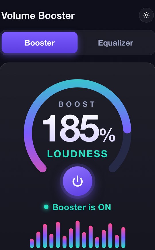 Volume Booster app showing a boost dial at 185% loudness